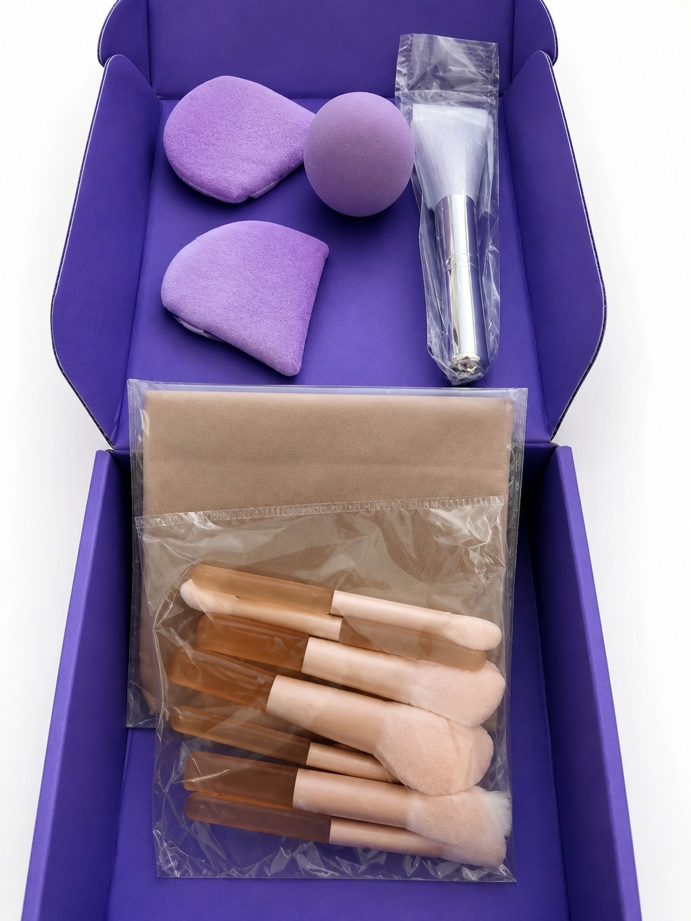 New 7-Pc Makeup Brush Set + Beauty Blender, Puffs, Facial Brush & Leather Pouch